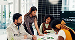 Woman, team and planning at office meeting, solar panel or innovation for renewable energy at startup. People, presentation and talk for sustainability, document or photovoltaic electricity at agency