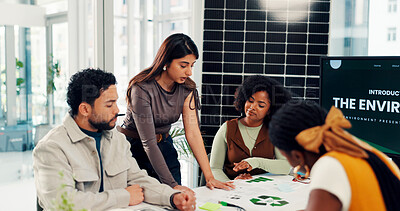 Buy stock photo Woman, team and planning at office meeting, solar panel or innovation for renewable energy at startup. People, presentation and talk for sustainability, document or photovoltaic electricity at agency