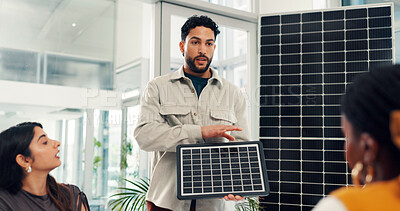 Buy stock photo Presentation, prototype and solar panel with business man in office for renewable energy initiative. Pitch, proposal and sustainability with employee in workplace for photovoltaic power production