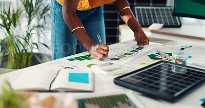 Buy stock photo Person, hands and writing with documents for solar power project or planning in office. Environmentalist, employee or notes with paperwork for renewable energy or alternative solution in workplace