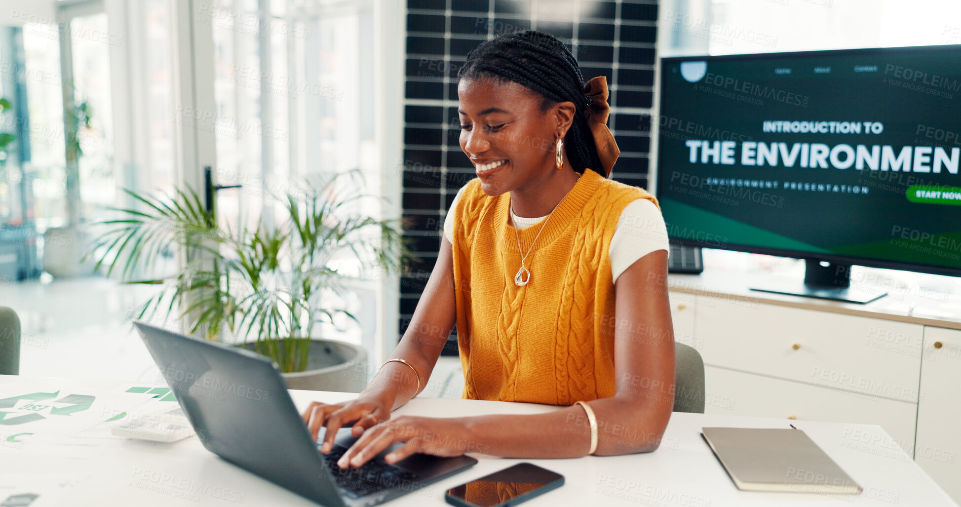 Buy stock photo Solar energy, business woman or typing on laptop for funding proposal, environmental project or ESG. Sustainable finance manager, graphs or happy in office for ROI on PV installation or budget report