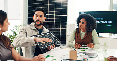 Buy stock photo Proposal, prototype and solar panel with business man in office for renewable energy initiative. Pitch, presentation and sustainability with employee in workplace for photovoltaic power production