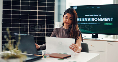 Buy stock photo Business, woman and reading document in office for results, energy saving stats and sustainable. Person, laptop and paperwork with photovoltaic grid revenue, company performance and solar panel sales