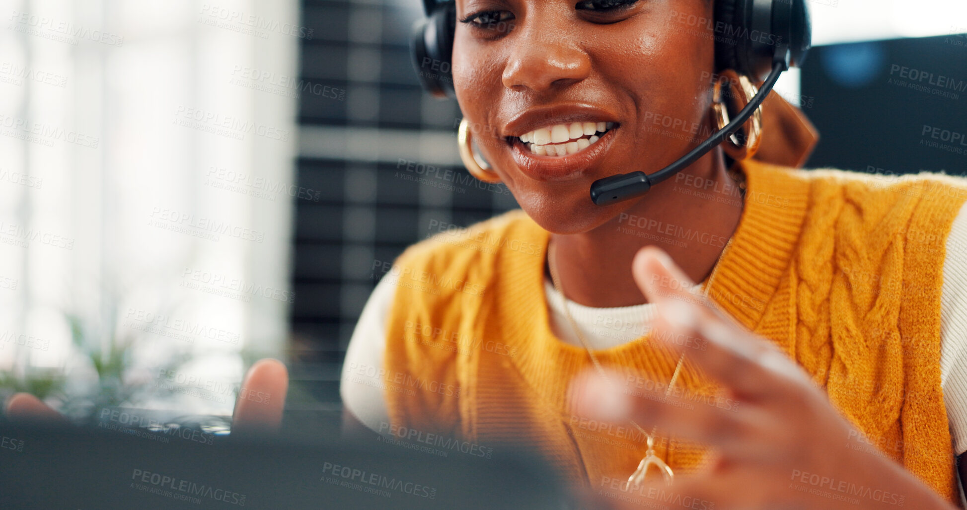 Buy stock photo Happy, black woman or laptop with headset for online advice or communication in call center office. Female person, consultant or agent talking with mic or computer for virtual assistance in workplace