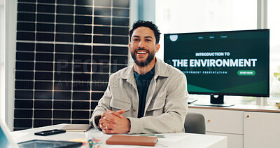 Buy stock photo Portrait, business and man with solar panel in office for career pride, about us and project. Smile, person and ambition of environment awareness, green energy presentation and photovoltaic solution