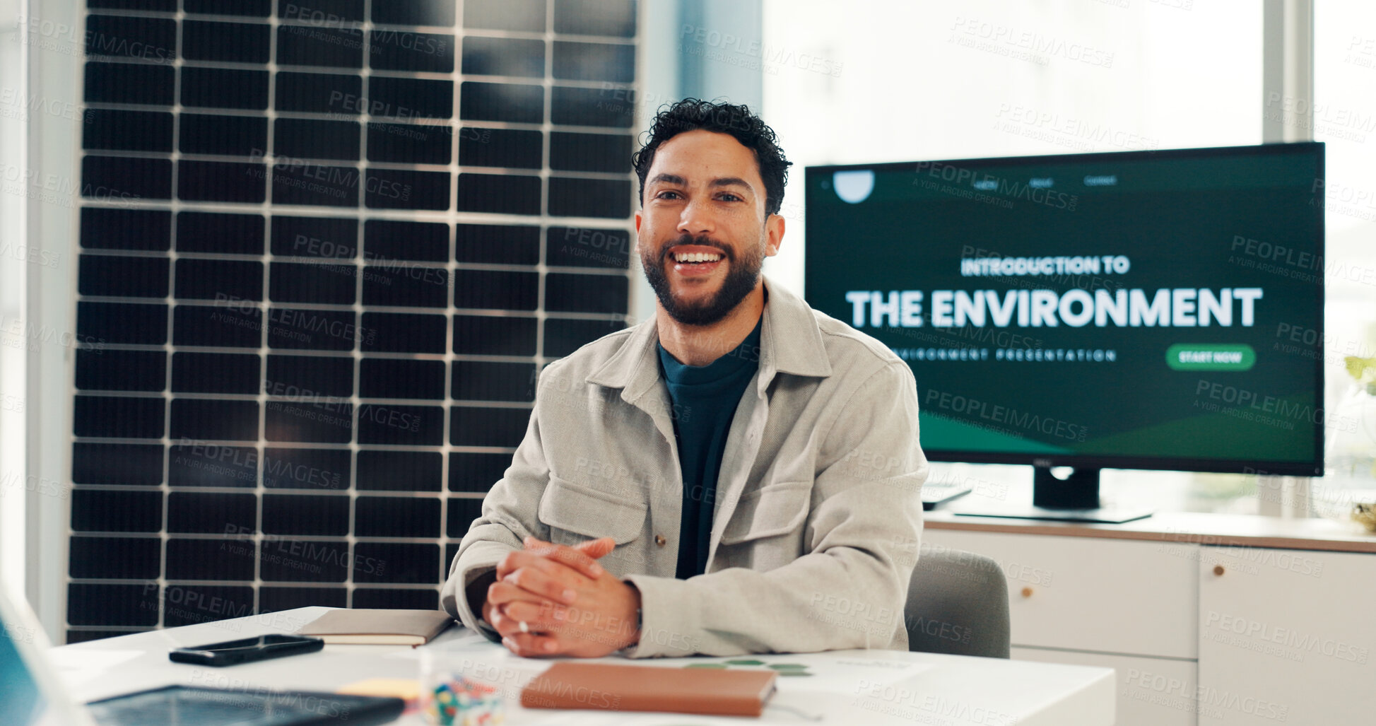 Buy stock photo Portrait, business and man with solar panel in office for career pride, about us and project. Smile, person and ambition of environment awareness, green energy presentation and photovoltaic solution