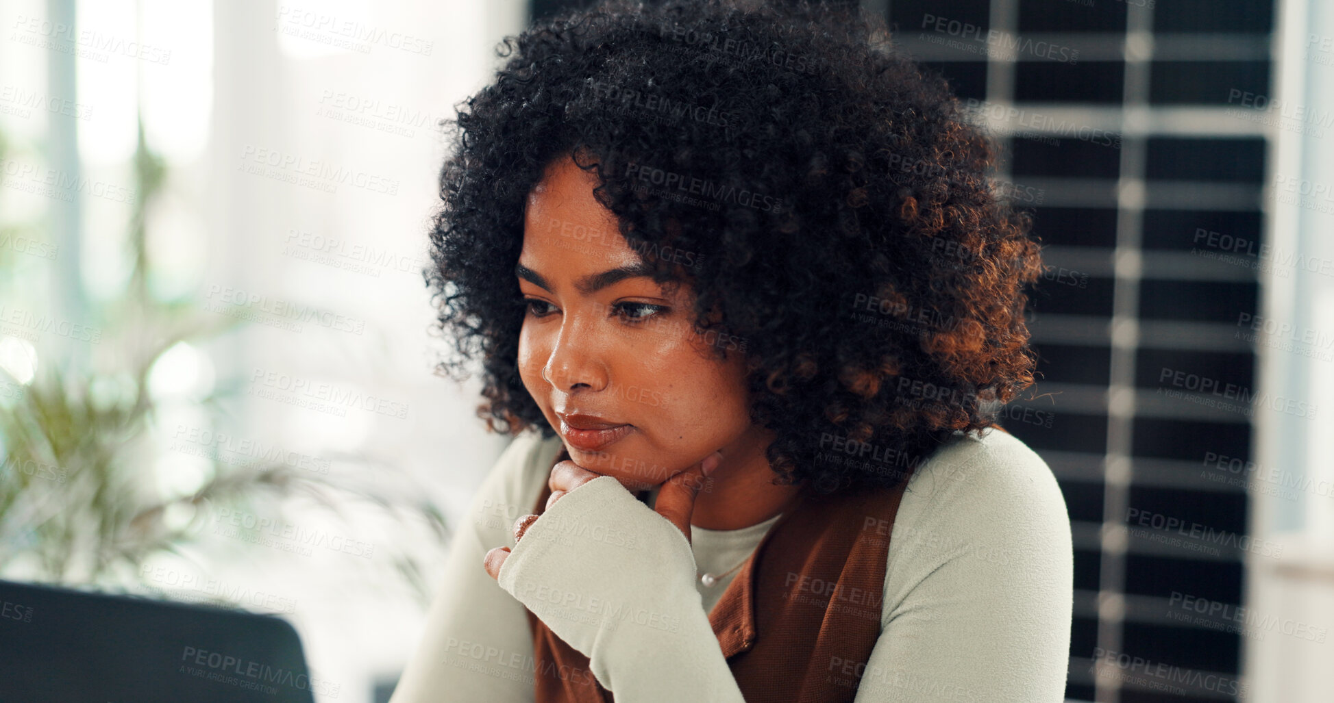 Buy stock photo Online reading, solar panels and woman with laptop, internet and research for sustainability. Person, pc and employee with photovoltaic grid, energy stats and feedback for ecology report and email