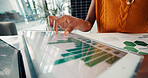 Document, data and hands with tablet screen in office, above and risk management for sustainability. ESG consultant, paperwork and person with tech for environmental benefits and renewable energy