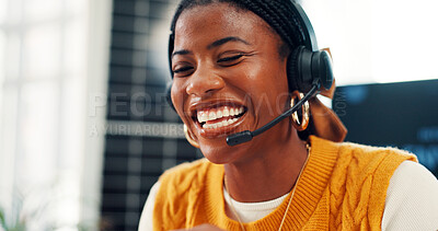 Buy stock photo Happy, black woman or consultant laughing with headset for online advice or funny joke in workplace. Female person, agent or smile with mic or humor for virtual assistance or comedy in call center