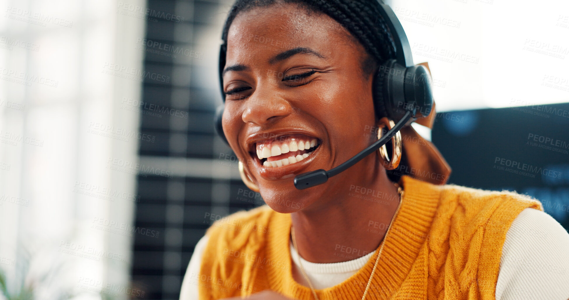 Buy stock photo Happy, black woman or consultant laughing with headset for online advice or funny joke in workplace. Female person, agent or smile with mic or humor for virtual assistance or comedy in call center