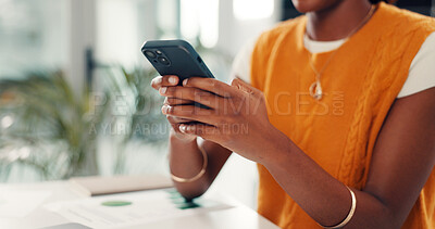 Buy stock photo Hands, business and woman in office, smartphone and social media manager with email for subscription. Person, internet and consultant in workplace, cellphone and stats for followers engagement or app