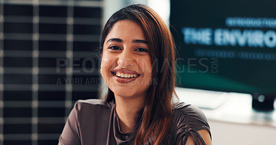 Buy stock photo Happy woman, portrait and environmentalist with business for solar power development in office. Female person, employee or smile with grid for renewable energy or alternative startup in workplace