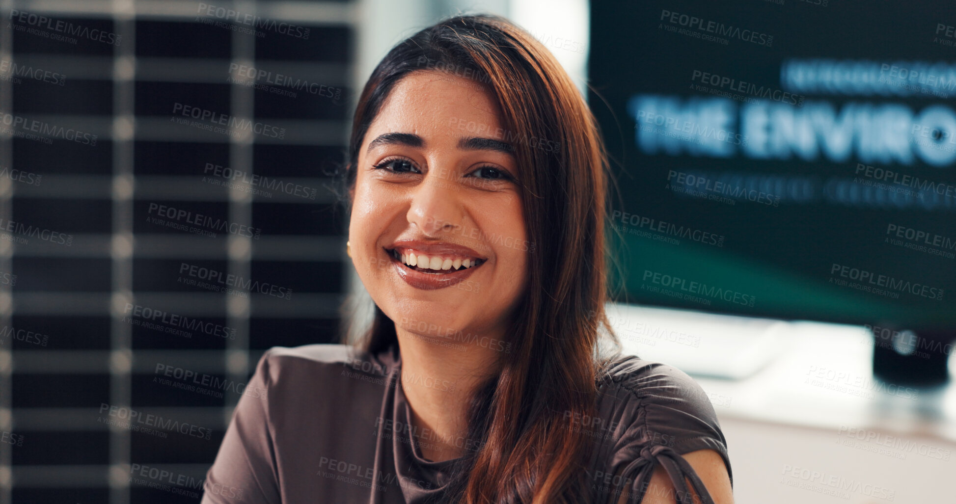 Buy stock photo Happy woman, portrait and environmentalist with business for solar power development in office. Female person, employee or smile with grid for renewable energy or alternative startup in workplace
