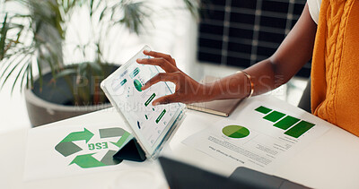 Buy stock photo Woman, hands or scroll in office with tablet screen for data analysis, sustainability report or esg policy. Research, analyst or person with tech for environmental compliance, recycle plan or graphs.