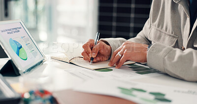 Buy stock photo Hands, writing or tablet in office with planner for research, business growth plan and data analysis. Person, notes or problem solving with tech for profit generation, financial investment or graphs.