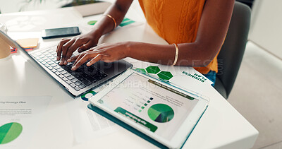 Buy stock photo Tablet screen, typing and hands with laptop in office, market analysis or report for sustainability. ESG consultant, person and business planning for renewable energy, charts and financial forecast