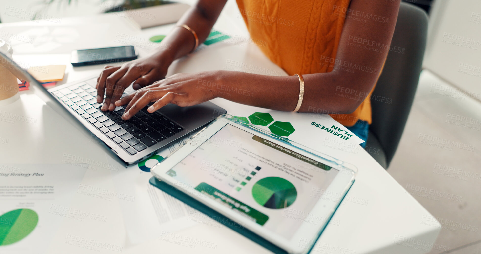 Buy stock photo Tablet screen, typing and hands with laptop in office, market analysis or report for sustainability. ESG consultant, person and business planning for renewable energy, charts and financial forecast