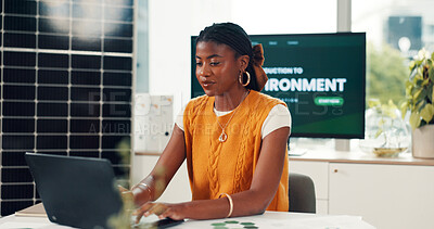 Buy stock photo Internet, solar panels and black woman in office, laptop and planning with research for sustainability. Renewable energy, pc and African person with photovoltaic grid and feedback for ecology report
