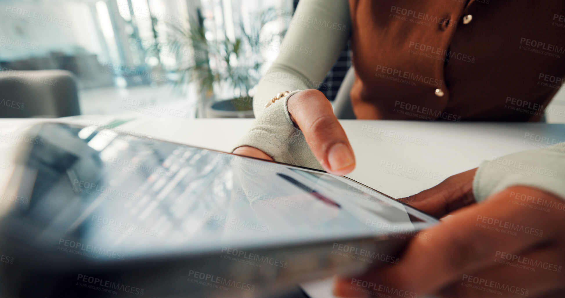 Buy stock photo Hands, business woman and scroll with phone in office for article research, blog review and update. Journalist, person or smartphone at publishing agency for editor feedback, client email or schedule