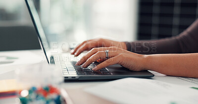Buy stock photo Hands, woman and typing on laptop in office with solar panel, research and grid planning. Person, pc and email client for photovoltaic installation, sustainable solution and information for project
