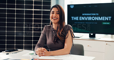 Buy stock photo Portrait, business and woman with solar panel in office for career pride, about us and project. Smile, person or ambition of environment awareness, green energy presentation and photovoltaic solution