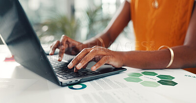 Buy stock photo Woman, hands and typing in office with laptop for sustainability report, esg policy info and review. Person, computer and paperwork for environmental compliance audit, strategy proposal and research.