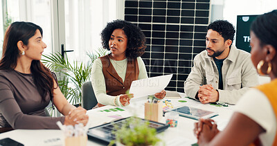 Buy stock photo Woman, team and documents with solar panel at meeting, talk or renewable energy innovation in office. Person, planning and group with sustainability, paperwork or photovoltaic electricity at startup