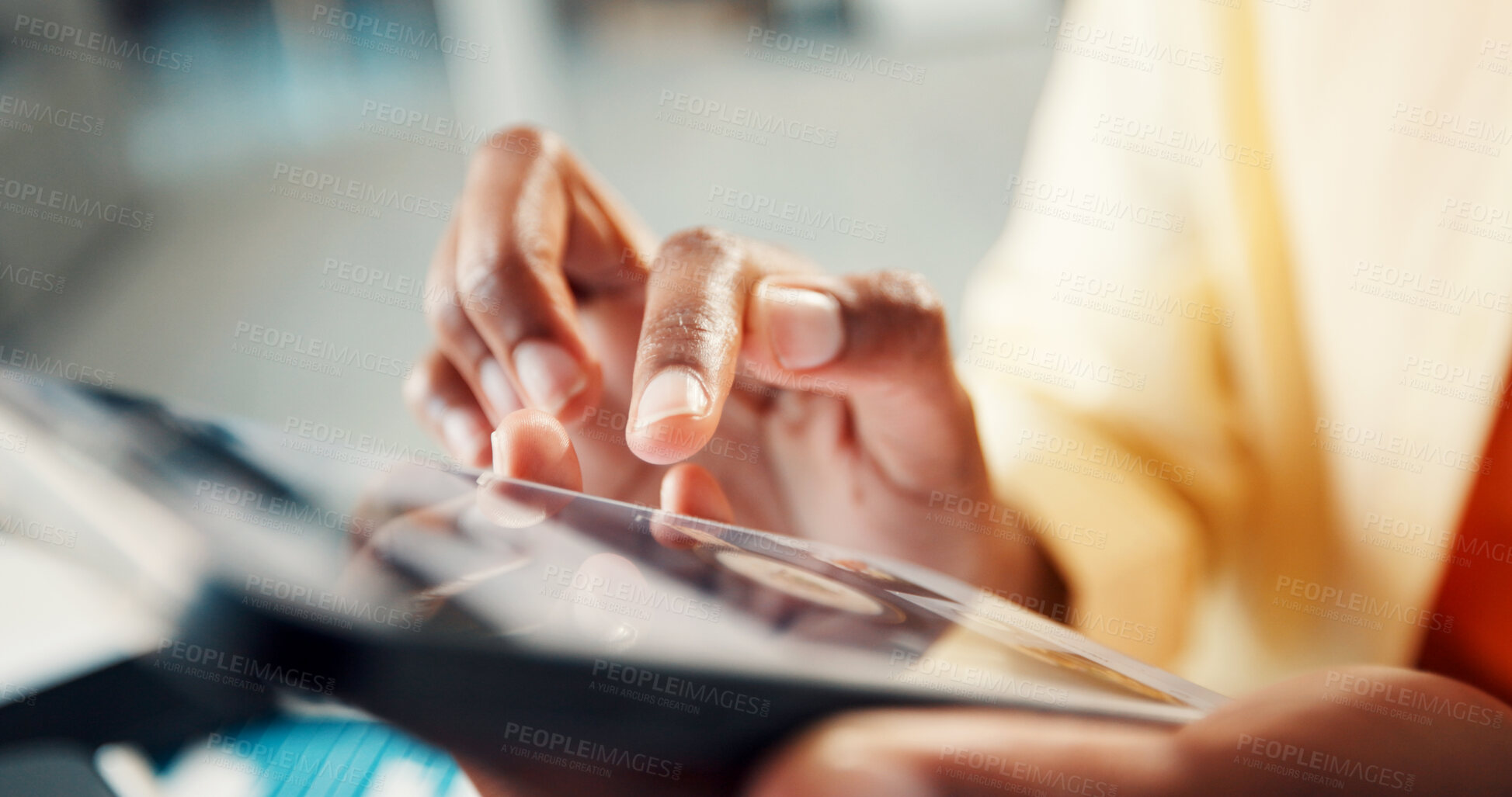 Buy stock photo Phone screen, hands and person in office with scrolling for networking, communication or research. Cellphone, tech and closeup of employee on website for contact, email or social media in workplace.