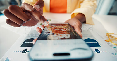 Buy stock photo Cellphone screen, hands and woman in office with scrolling for order food for delivery on mobile app. Phone, tech and closeup of employee on website for takeaway menu on lunch break in workplace.