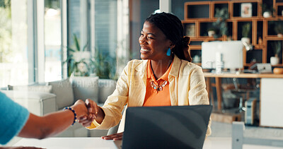 Buy stock photo Business people, handshake and greeting with laptop for hiring, thank you or recruiting in office. Human resources, woman and shaking hands with smile, technology and team onboarding in workplace