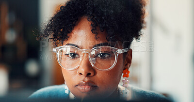 Buy stock photo Glasses, woman or laptop with reading in office for newsletter revision, editing draft or research. Media agency, editor and spectacles at desk for proofreading, column review and story publication