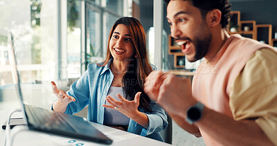 Buy stock photo Media agency, laptop and people in office, celebration and success with publication. Excited, magazine editor or journalist team with story award, cheering or pc with achievement or positive feedback