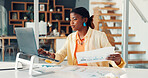 Black woman, typing and laptop with document at house for research, finance report and stats. Person, remote work and pc with paperwork, revenue graphs and financial comparison for audit information