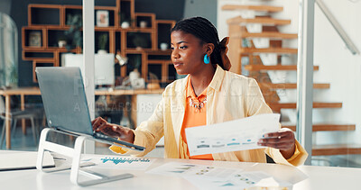 Buy stock photo Black woman, typing and laptop with document at house for research, finance report and stats. Person, remote work and pc with paperwork, revenue graphs and financial comparison for audit information