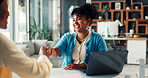 Business people, shaking hands and meeting with laptop for hiring, thank you or recruiting in office. Human resources, woman and handshake with smile, technology and team onboarding in workplace