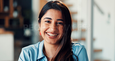Buy stock photo Portrait, woman and relax with smile at house for peace, calm morning and positive attitude. Happy, female person and laughing for weekend off, confident and feel good for wellness break in lounge