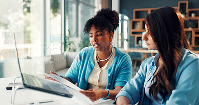 Buy stock photo Media agency, laptop and women with documents, conversation and brainstorming for publication. People, magazine editor and journalists with feedback meeting and pc with sales report and ideas