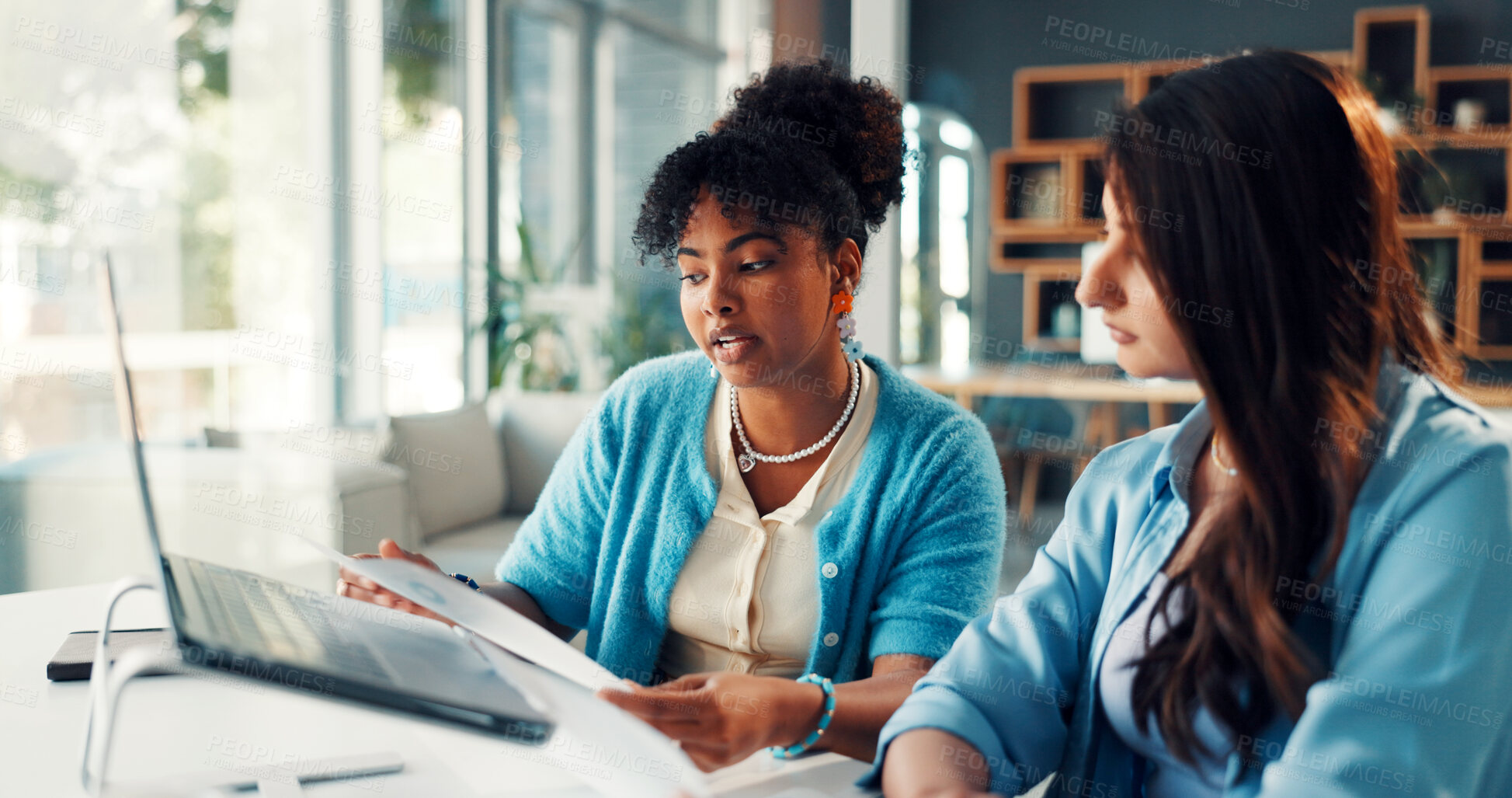 Buy stock photo Media agency, laptop and women with documents, conversation and brainstorming for publication. People, magazine editor and journalists with feedback meeting and pc with sales report and ideas