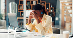 Headache, burnout and black woman in office with pressure, tension or stress for deadline. Tired, migraine and African creative editor with fatigue, brain fog or overwhelmed for project in workplace.