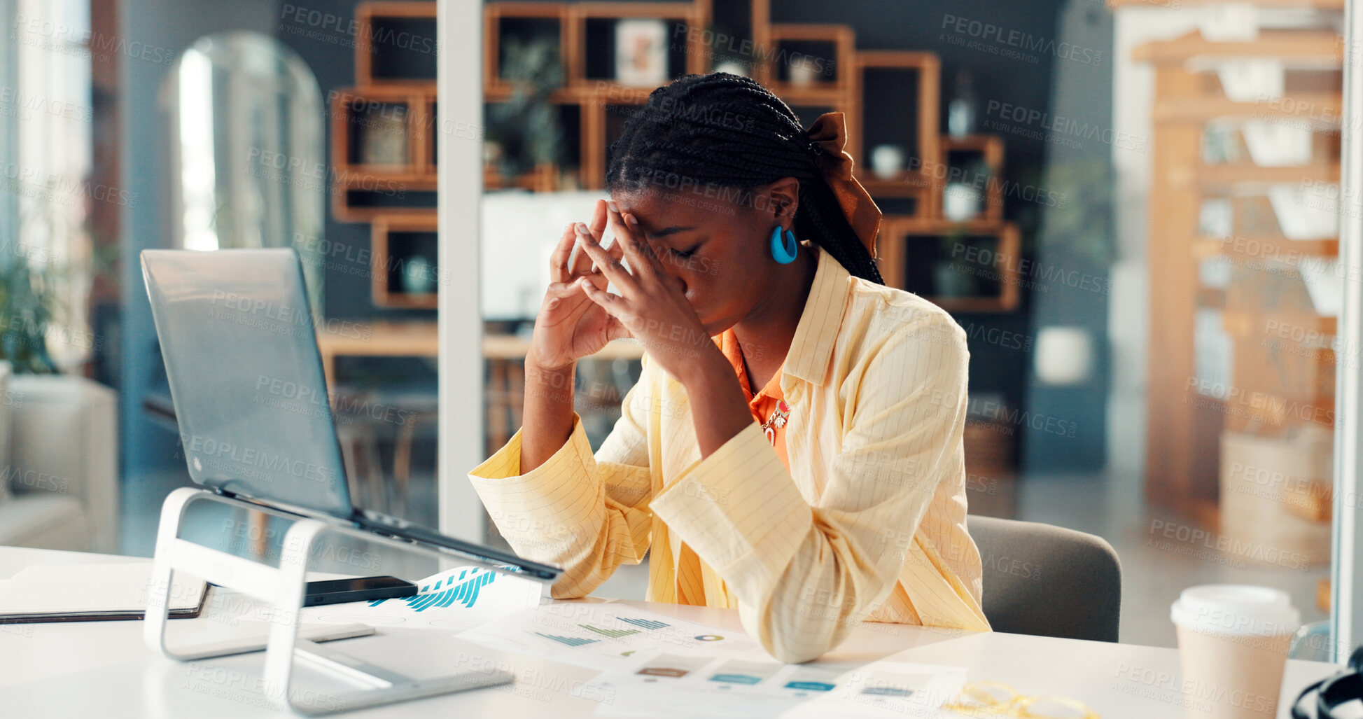 Buy stock photo Headache, burnout and black woman in office with pressure, tension or stress for deadline. Tired, migraine and African creative editor with fatigue, brain fog or overwhelmed for project in workplace.