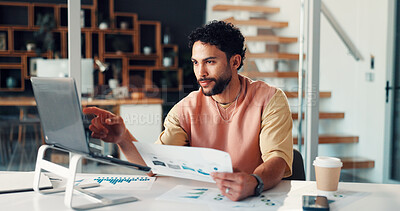 Buy stock photo Man, reading and laptop with document at house for research, finance report and statistics. Accountant, remote work and pc with paperwork, revenue graphs and financial comparison of audit information