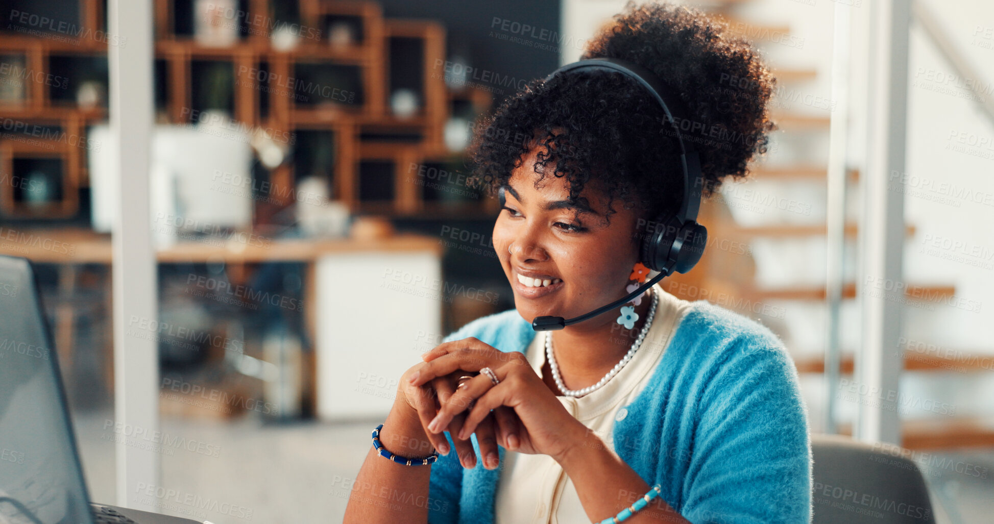 Buy stock photo Telemarketing, laptop and woman with headset, happy and communication for lead generation and sales. Call center, telemarketer and black person with mic for consultation, online and talk with contact