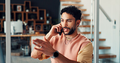 Buy stock photo Creative, man and talk in office with phone call, digital marketing feedback and campaign update. Person, discussion and contact with tech for social media advertising, idea planning and networking.