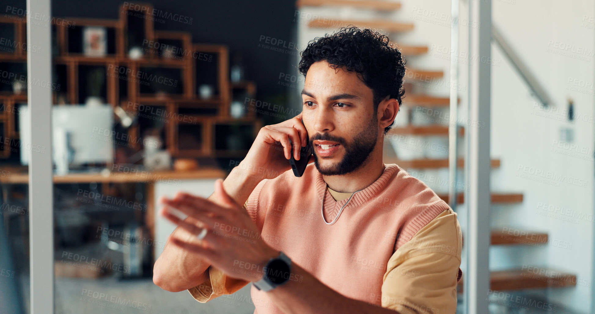 Buy stock photo Creative, man and talk in office with phone call, digital marketing feedback and campaign update. Person, discussion and contact with tech for social media advertising, idea planning and networking.