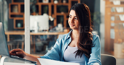 Buy stock photo Smile, woman or laptop with paperwork in office for manuscript revision, editing draft or research. Media agency, editor or tech at desk for reading submission, newsletter review or story publication