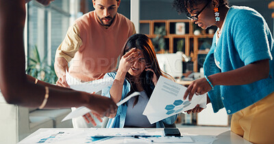 Buy stock photo Business people, stress and overwhelmed in office with paperwork, meeting and proposal in agency. Chaos, deadline and graphs with multitasking, document and burnout with discussion and busy staff