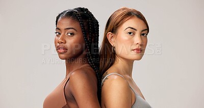 Buy stock photo Beauty, portrait and women in studio together for cosmetics, dermatology or inclusive skincare. Aesthetic, confidence and support with serious friends isolated on white background for cosmetology