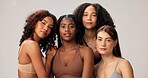 Beauty, diversity and portrait of friends in studio for skincare, inclusion and self care community. Dermatology, aesthetic and solidarity with group of people on white background for salon and glow