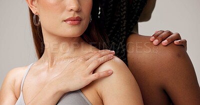 Buy stock photo Beauty, friends and shoulder with women in studio for skincare, inclusion and self care. Dermatology, aesthetic and solidarity with people and hands on white background for diversity, support or glow