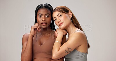 Buy stock photo Portrait, skincare and women in studio, beauty and wellness on gray background. Dermatology, cosmetics and people with healthy skin, facial treatment and aesthetic with makeup, grooming and shine